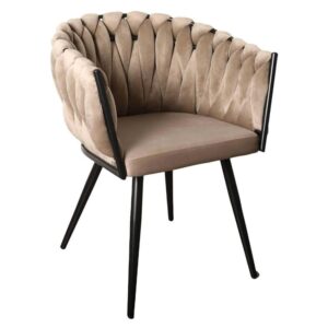 Eetkamerstoel Zand ‘Wave Chair’ – Gevlochten rugleuning – Fluweel – Homerebels - 60x54x78,5 cm