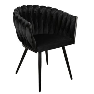 Eetkamerstoel Zwart 'Wave Chair' – Gevlochten rugleuning – Fluwelen eetkamerstoel – Homerebels – Zwarte eetkamerstoel met armleuning